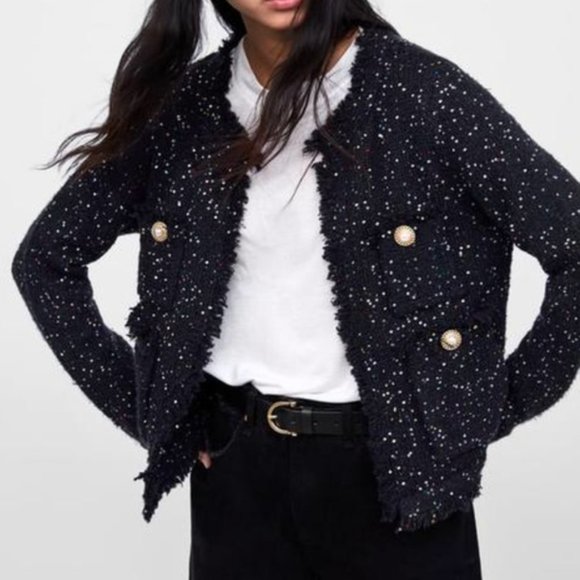 Zara shimmery knit frayed jacket in navy, S - Picture 2 of 13